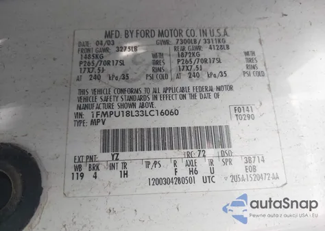 2003 Ford Expedition Eddie Bauer from USA, damaged, VIN 1FMPU18L33LC16060